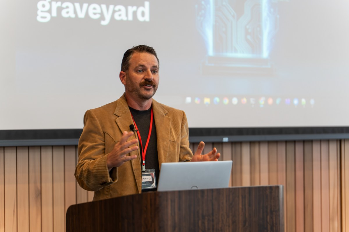 Armen Badeer speaking on choosing the right problems to solve with AI at the CANalytics 2026 conference in Omaha, Nebraska